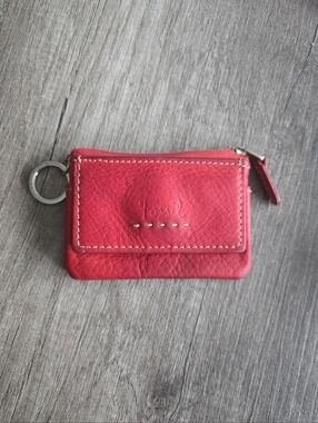 Fossil Red Leather Mini Wallet ID Window Keychain Coin Zip Pouch 4.25" Vintage